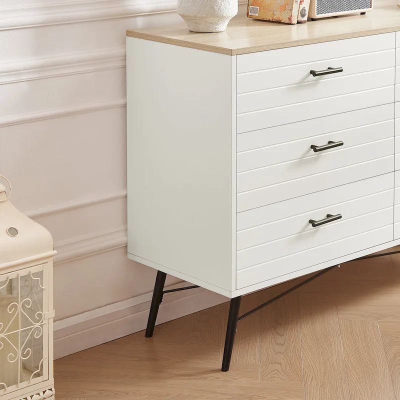 Walnut Brown / White + Light Oak 6-Drawer Dresser TV Stand, 1-Person