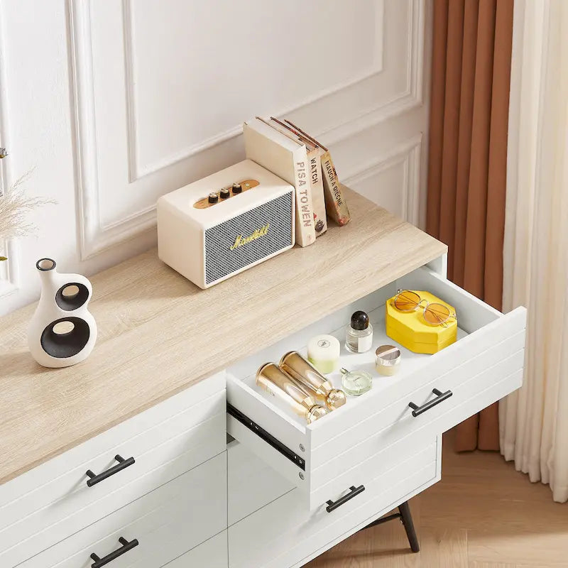 Walnut Brown / White + Light Oak 6-Drawer Dresser TV Stand, 1-Person