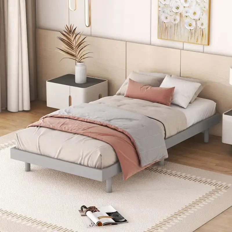 Grey Floating Platform Bed Frame, Twin, 1-Person