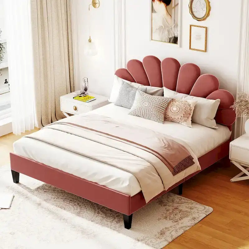 Bean Paste Red Velvet Queen Size Platform Bed with Flower Pattern Headboard, For 2