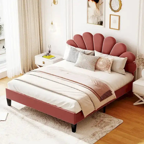 Bean Paste Red Velvet Queen Size Platform Bed with Flower Pattern Headboard, For 2