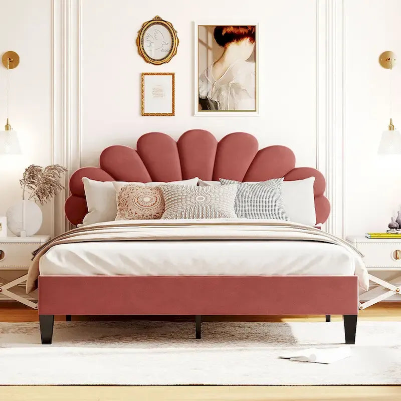 Bean Paste Red Velvet Queen Size Platform Bed with Flower Pattern Headboard, For 2