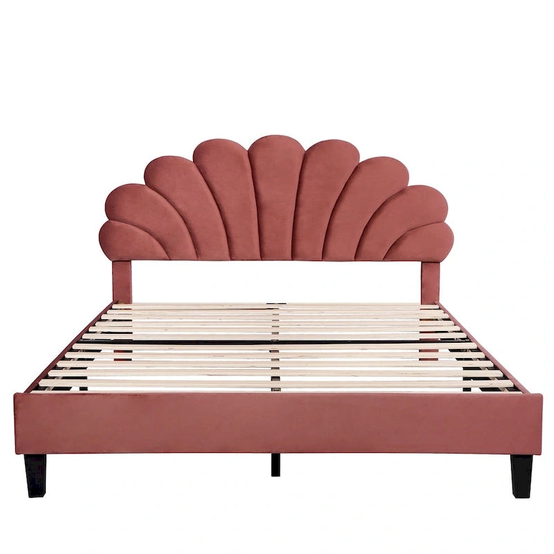 Bean Paste Red Velvet Queen Size Platform Bed with Flower Pattern Headboard, For 2
