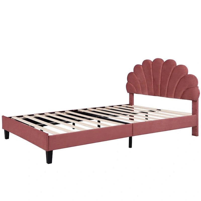 Bean Paste Red Velvet Queen Size Platform Bed with Flower Pattern Headboard, For 2