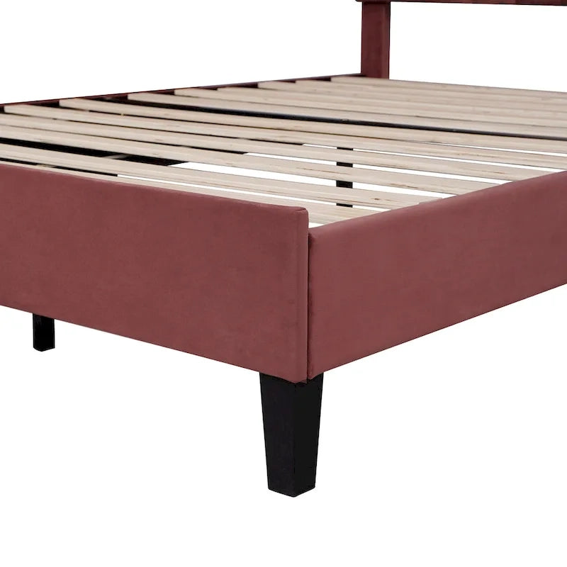 Bean Paste Red Velvet Queen Size Platform Bed with Flower Pattern Headboard, For 2