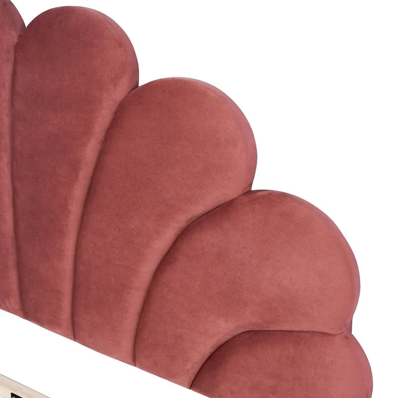Bean Paste Red Velvet Queen Size Platform Bed with Flower Pattern Headboard, For 2