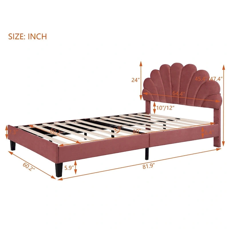 Bean Paste Red Velvet Queen Size Platform Bed with Flower Pattern Headboard, For 2