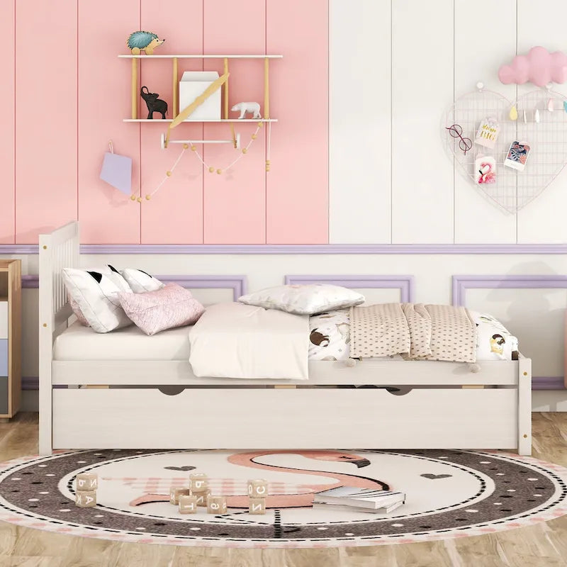 White Walnut Rubberwood Twin Size Platform Bed Frame with Trundle, Modern Design, No Box Spring Needed