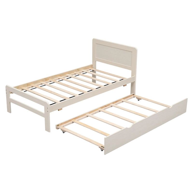 White Twin Platform Bed Frame in Solid Wood with Trundle and Modern Wood Headboard