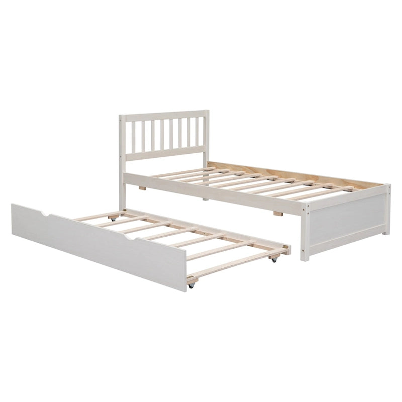 White Walnut Rubberwood Twin Platform Bed with Trundle, Sleek Design, No Box Spring Needed