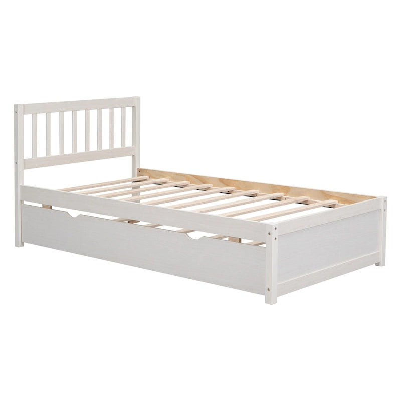White Walnut Rubberwood Twin Platform Bed with Trundle, Sleek Design, No Box Spring Needed