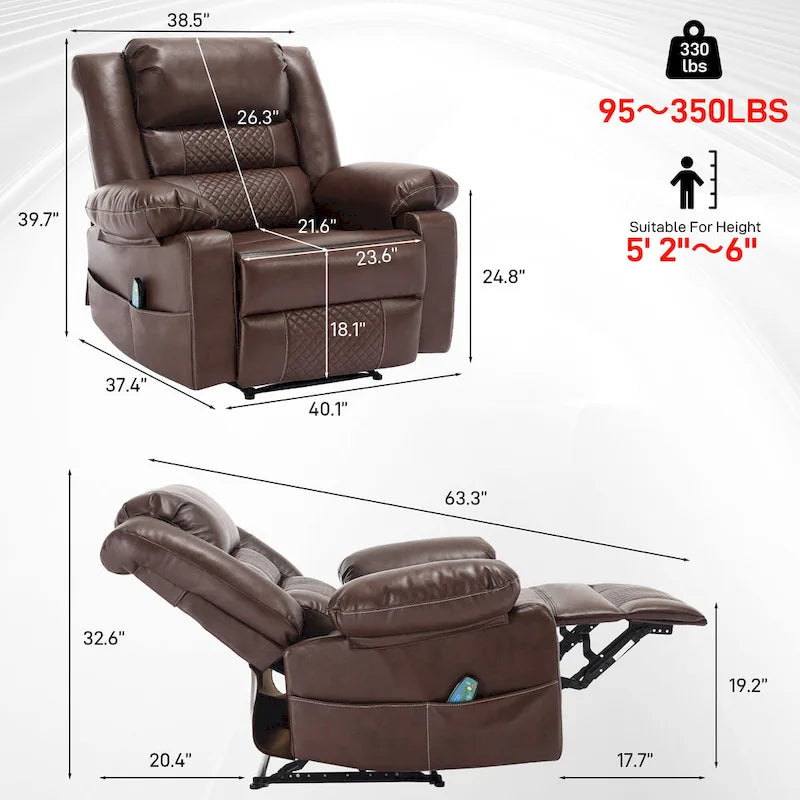 Black / Brown Manual Faux Leather Massage Recliner, Single Seat, 8-Point Vibration