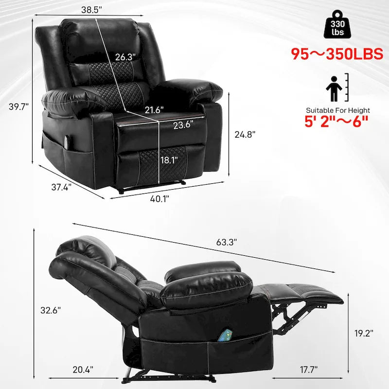 Black / Brown Manual Faux Leather Massage Recliner, Single Seat, 8-Point Vibration