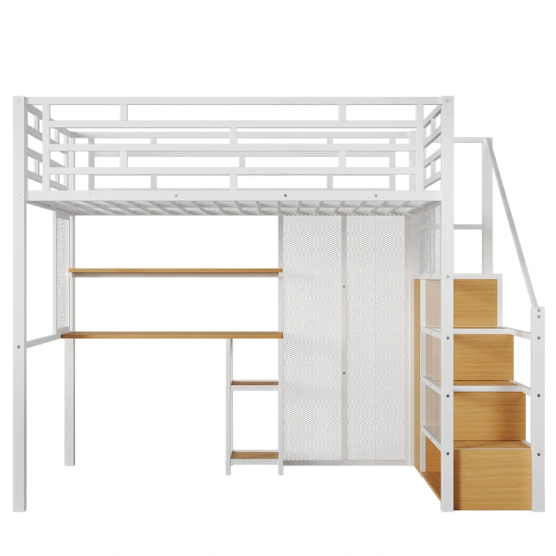 White Full Size Metal Loft Bed with Wardrobe, Desk, and Storage Shelves