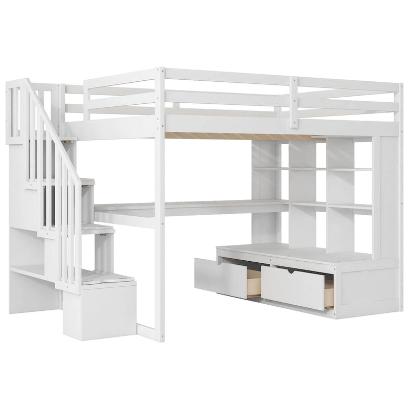 White Full Size Solid Wood Loft Bed with Desk, Shelves, and Drawers