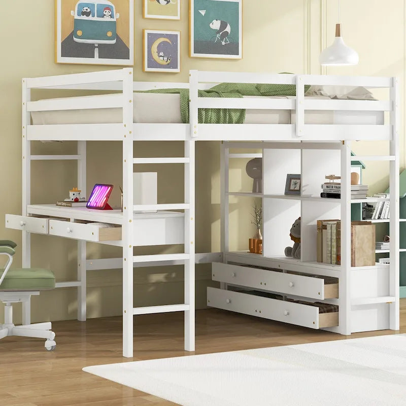White Full Size Pine Loft Bed with Built-in Desk & Drawers