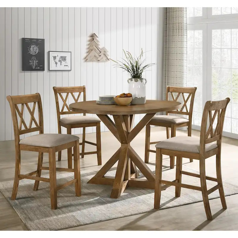 Tan 5-Piece Counter Height Dining Set for 4, Cross-Buck Pedestal Table & Cross-Back Chairs