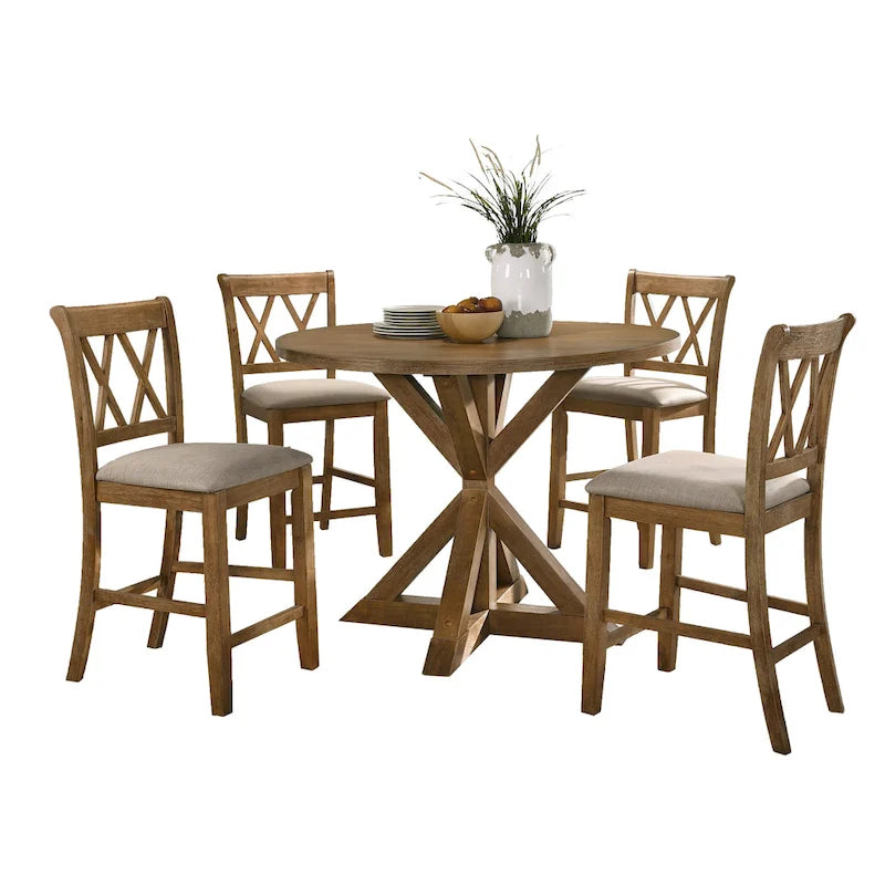 Tan 5-Piece Counter Height Dining Set for 4, Cross-Buck Pedestal Table & Cross-Back Chairs