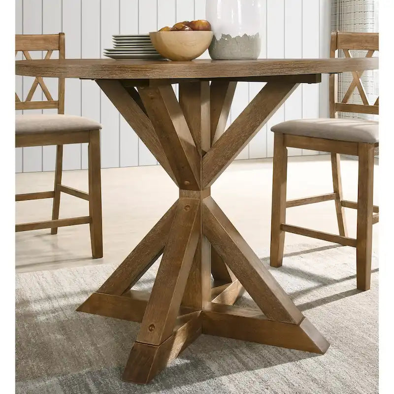 Tan 5-Piece Counter Height Dining Set for 4, Cross-Buck Pedestal Table & Cross-Back Chairs