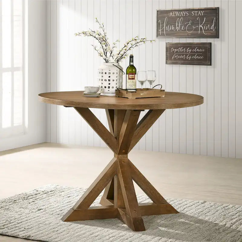 Tan 5-Piece Counter Height Dining Set for 4, Cross-Buck Pedestal Table & Cross-Back Chairs