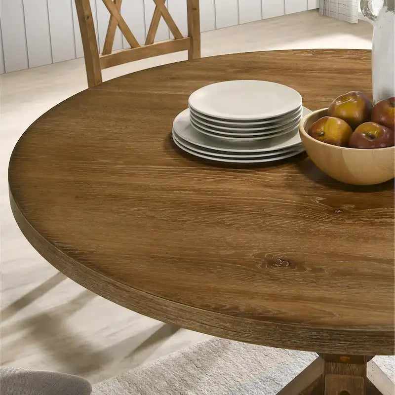 Tan 5-Piece Counter Height Dining Set for 4, Cross-Buck Pedestal Table & Cross-Back Chairs