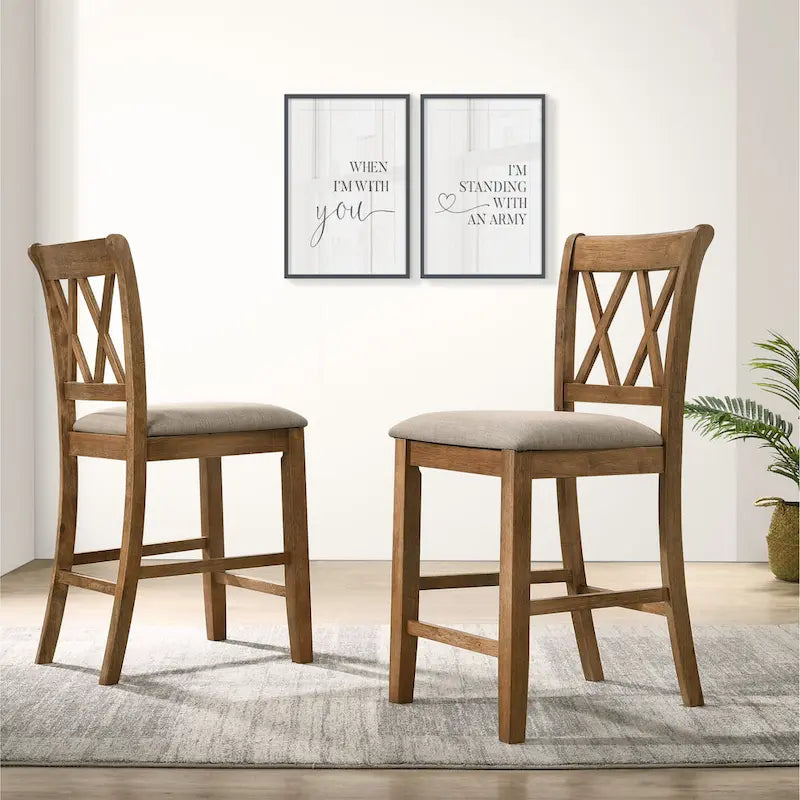 Tan 5-Piece Counter Height Dining Set for 4, Cross-Buck Pedestal Table & Cross-Back Chairs