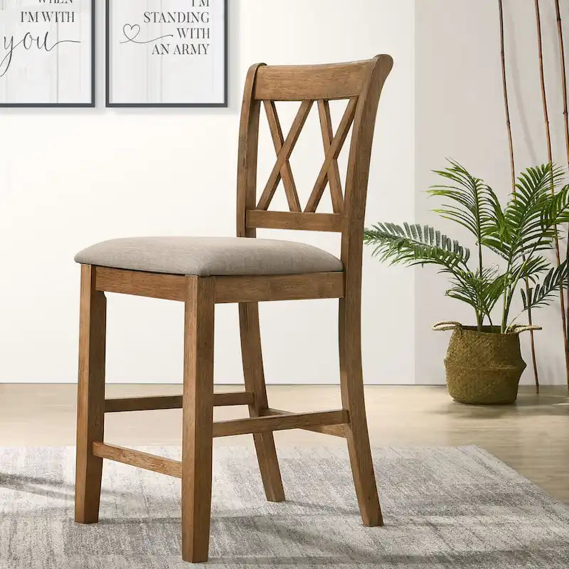 Tan 5-Piece Counter Height Dining Set for 4, Cross-Buck Pedestal Table & Cross-Back Chairs