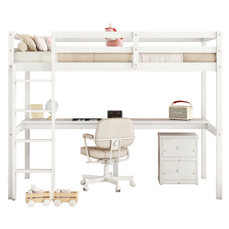 White Twin Size Wood Loft Bed with Desk, Storage, and Ladder