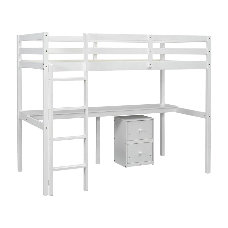 White Twin Size Wood Loft Bed with Desk, Storage, and Ladder
