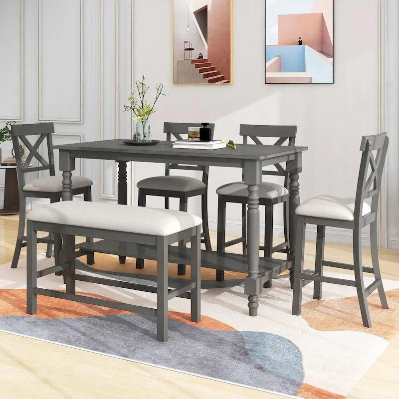 Gray/Espresso Distressed Counter Height Dining Set for 6, Table + 4 Chairs + Bench