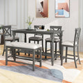 Gray/Espresso Distressed Counter Height Dining Set for 6, Table + 4 Chairs + Bench