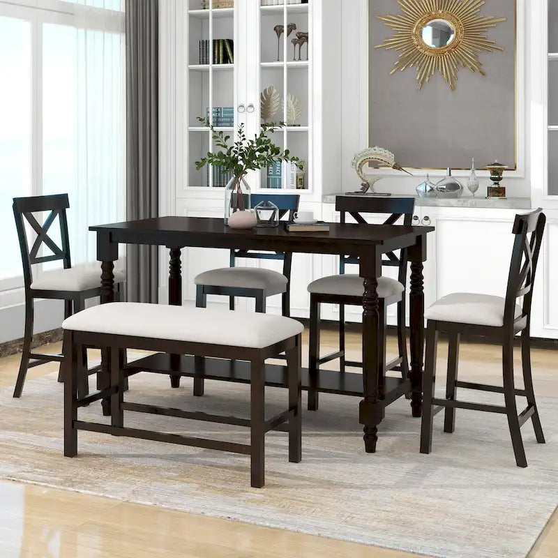 Gray/Espresso Distressed Counter Height Dining Set for 6, Table + 4 Chairs + Bench