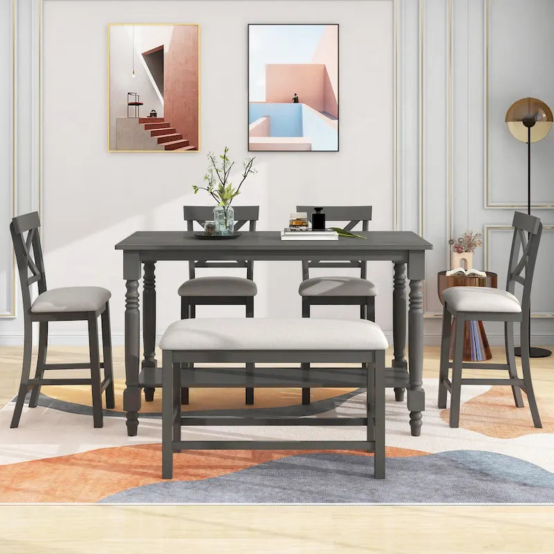 Gray/Espresso Distressed Counter Height Dining Set for 6, Table + 4 Chairs + Bench