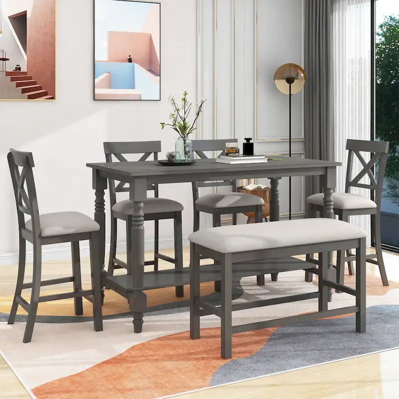 Gray/Espresso Distressed Counter Height Dining Set for 6, Table + 4 Chairs + Bench