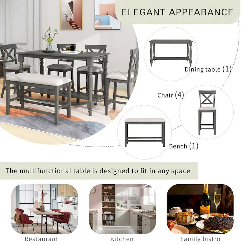 Gray/Espresso Distressed Counter Height Dining Set for 6, Table + 4 Chairs + Bench