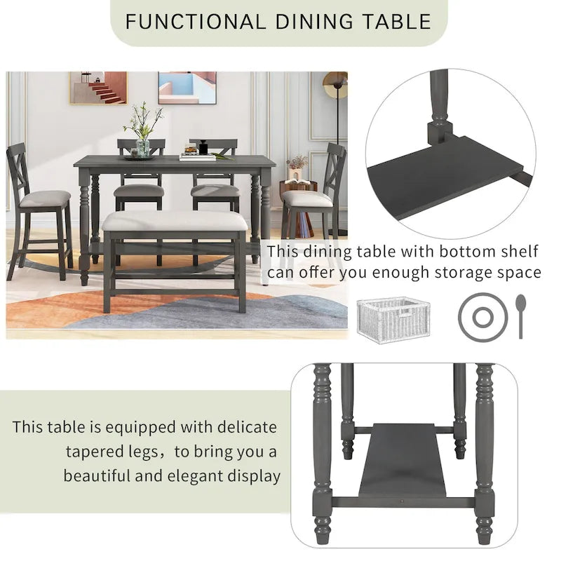 Gray/Espresso Distressed Counter Height Dining Set for 6, Table + 4 Chairs + Bench