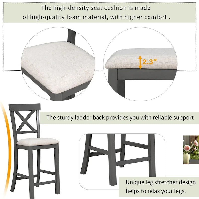 Gray/Espresso Distressed Counter Height Dining Set for 6, Table + 4 Chairs + Bench