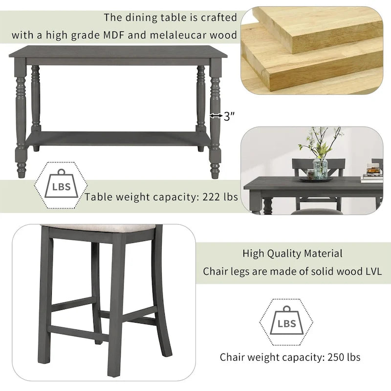 Gray/Espresso Distressed Counter Height Dining Set for 6, Table + 4 Chairs + Bench