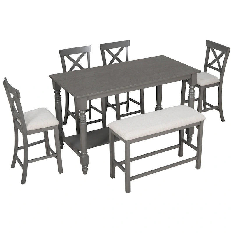 Gray/Espresso Distressed Counter Height Dining Set for 6, Table + 4 Chairs + Bench