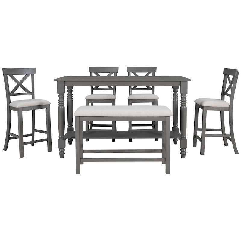 Gray/Espresso Distressed Counter Height Dining Set for 6, Table + 4 Chairs + Bench