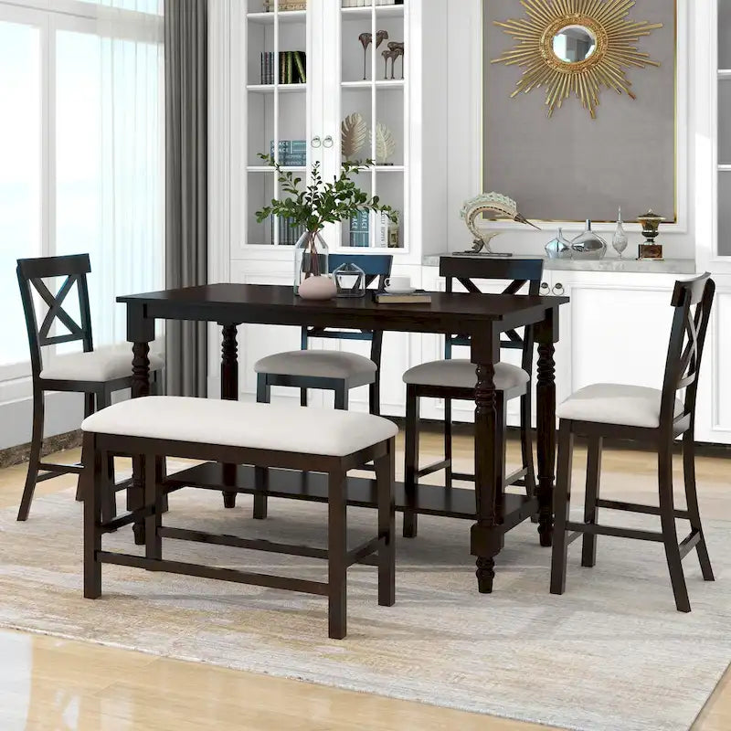 Gray/Espresso Distressed Counter Height Dining Set for 6, Table + 4 Chairs + Bench