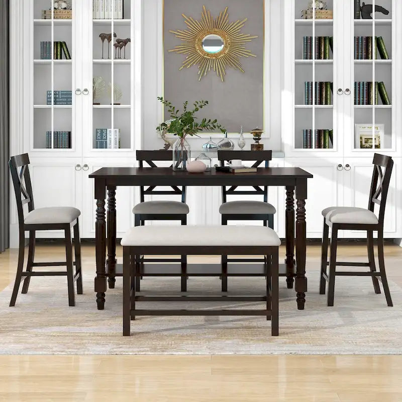 Gray/Espresso Distressed Counter Height Dining Set for 6, Table + 4 Chairs + Bench