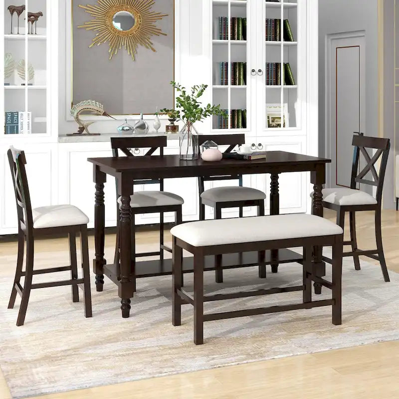 Gray/Espresso Distressed Counter Height Dining Set for 6, Table + 4 Chairs + Bench