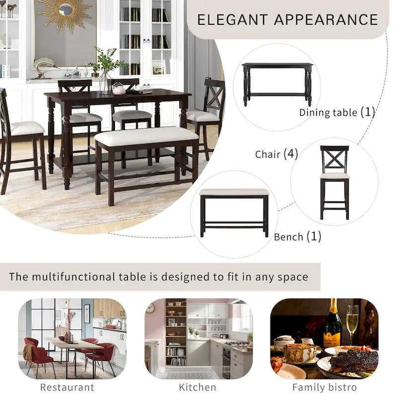 Gray/Espresso Distressed Counter Height Dining Set for 6, Table + 4 Chairs + Bench