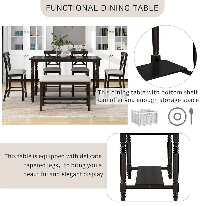 Gray/Espresso Distressed Counter Height Dining Set for 6, Table + 4 Chairs + Bench
