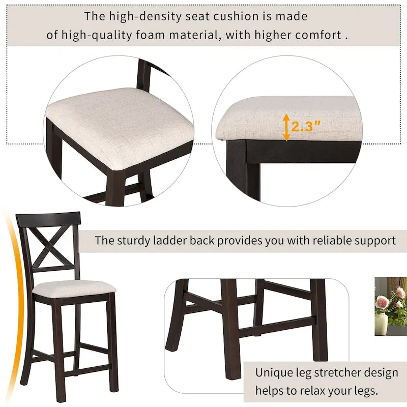 Gray/Espresso Distressed Counter Height Dining Set for 6, Table + 4 Chairs + Bench