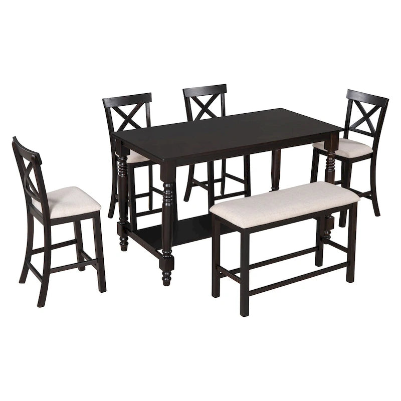 Gray/Espresso Distressed Counter Height Dining Set for 6, Table + 4 Chairs + Bench