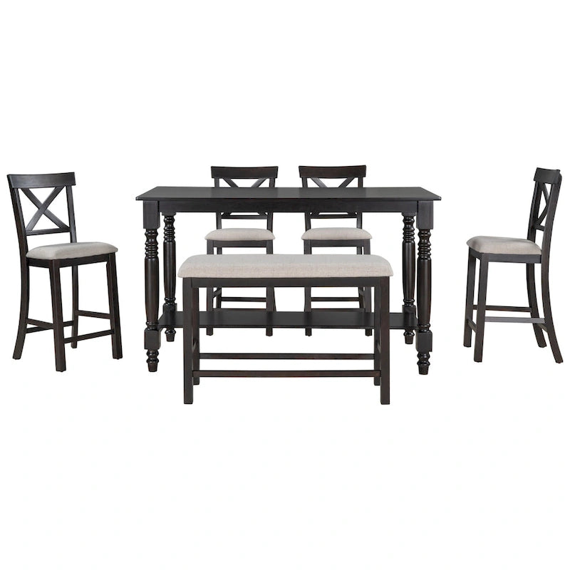 Gray/Espresso Distressed Counter Height Dining Set for 6, Table + 4 Chairs + Bench