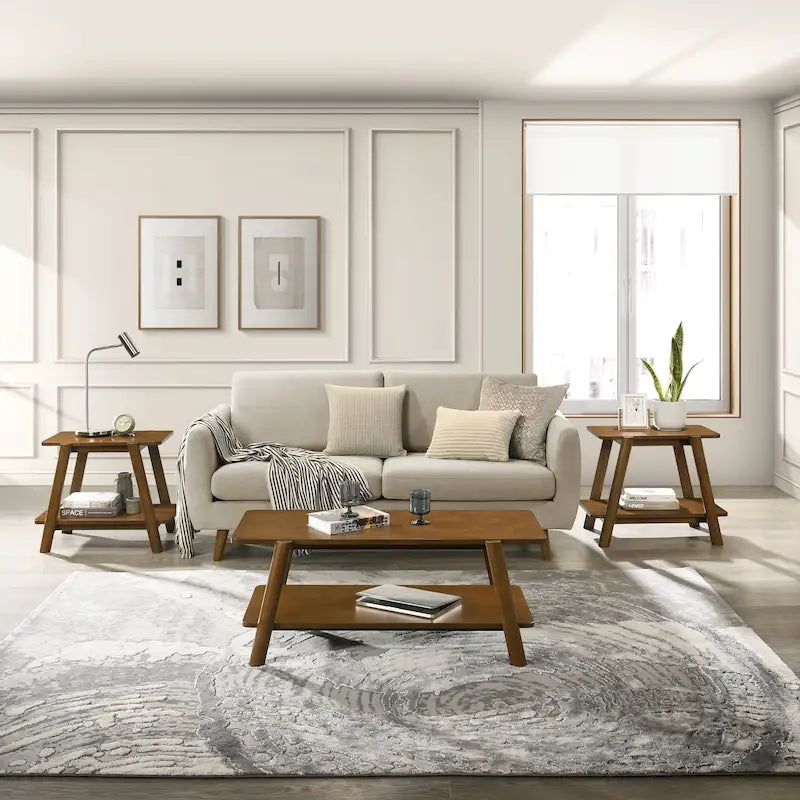 Walnut 3-Piece Mid-Century Modern Coffee & End Table Set with Storage Shelf