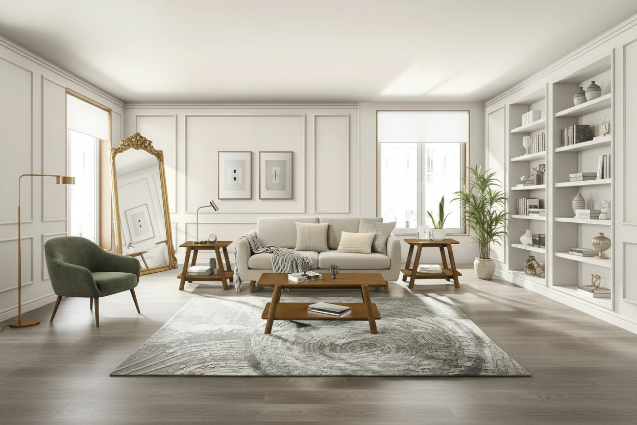 Mid-Century Modern Storage 3-Piece Coffee Table Set with Shelf and Cylinder-shaped Rubberwood Legs